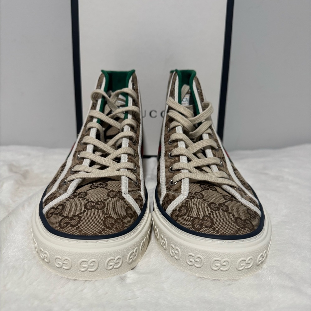 Gucci Beige GG Canvas High-Top Sneaker with Green & Red Web - Picture 4 of 7